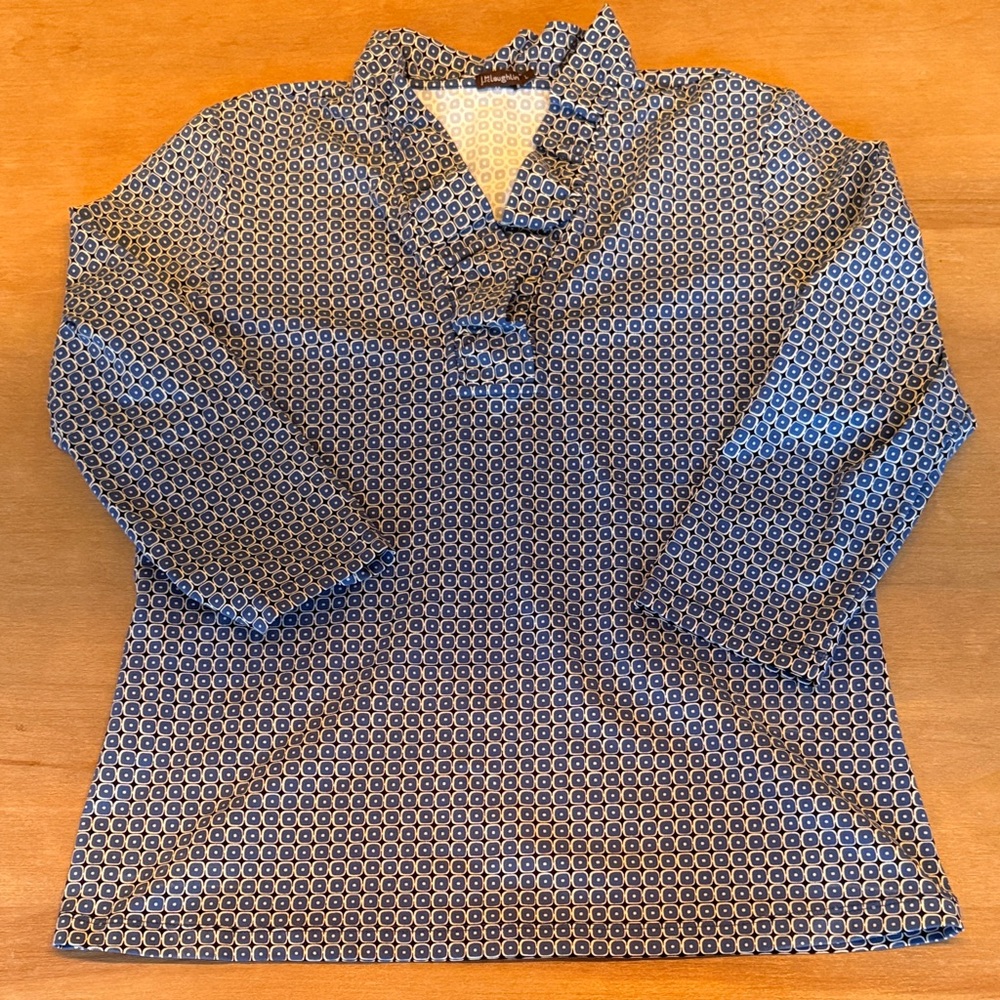 J. McLaughlin Women’s Blue Geometric Ruffle-Neck Blouse
